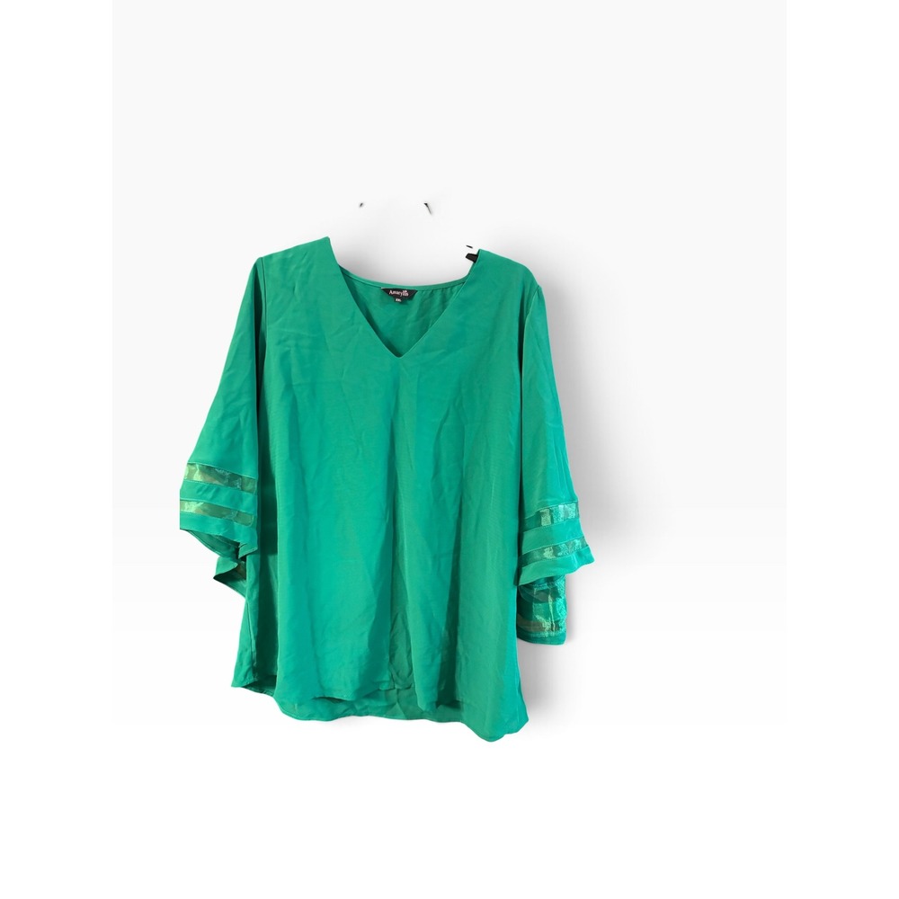 Amaryllis Green V-Neck Bell Sleeve Blouse with Sheer Mesh Stripes XXL
